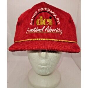 Vintage Red Corduroy Hat Cap DCI Darnell Co INc advertising promotional stapback